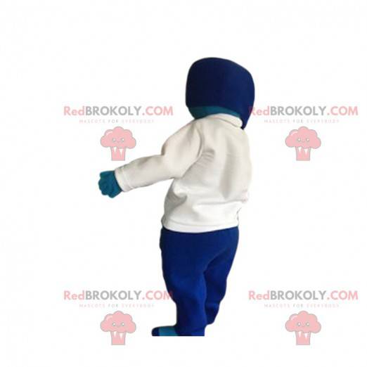 Mascotte donna blu con una maglia bianca. - Redbrokoly.com