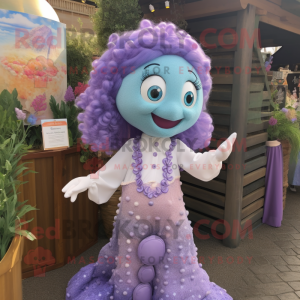 Lavender Mermaid mascot costume character dressed with a Button-Up Shirt and Brooches