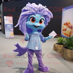 Lavender Mermaid mascot costume character dressed with a Button-Up Shirt and Brooches