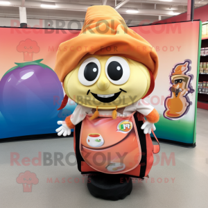 Peach Fajitas mascot costume character dressed with a Wrap Skirt and Backpacks