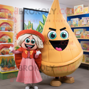 Peach Fajitas mascot costume character dressed with a Wrap Skirt and Backpacks