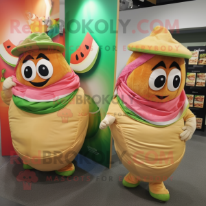 Peach Fajitas mascot costume character dressed with a Wrap Skirt and Backpacks