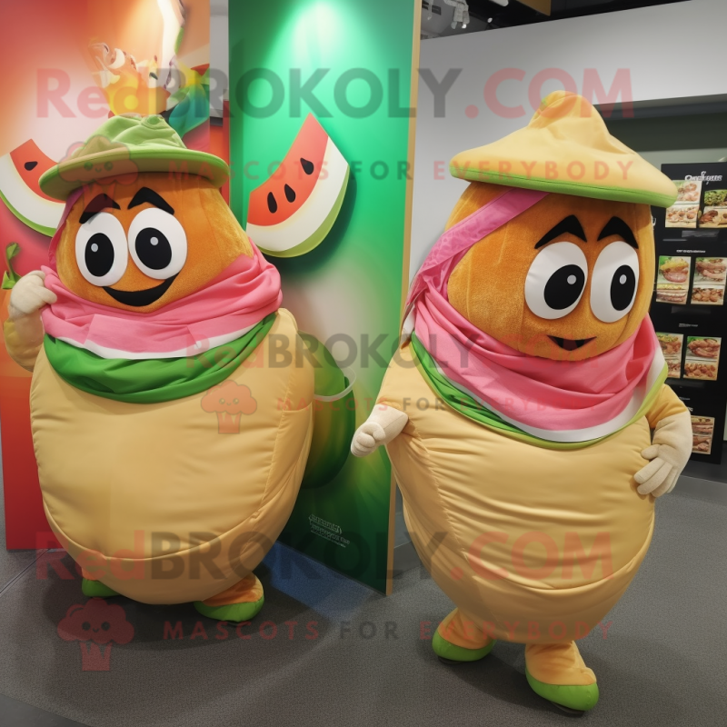 Peach Fajitas mascot costume character dressed with a Wrap Skirt and Backpacks Peach Fajitas mascot costume character dressed with a Wrap Skirt and Backpacks