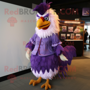 Purple Rooster mascot costume character dressed with a Dress and Shawl pins