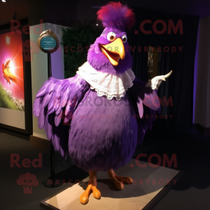 Purple Rooster mascot costume character dressed with a Dress and Shawl pins