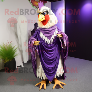 Purple Rooster mascot costume character dressed with a Dress and Shawl pins