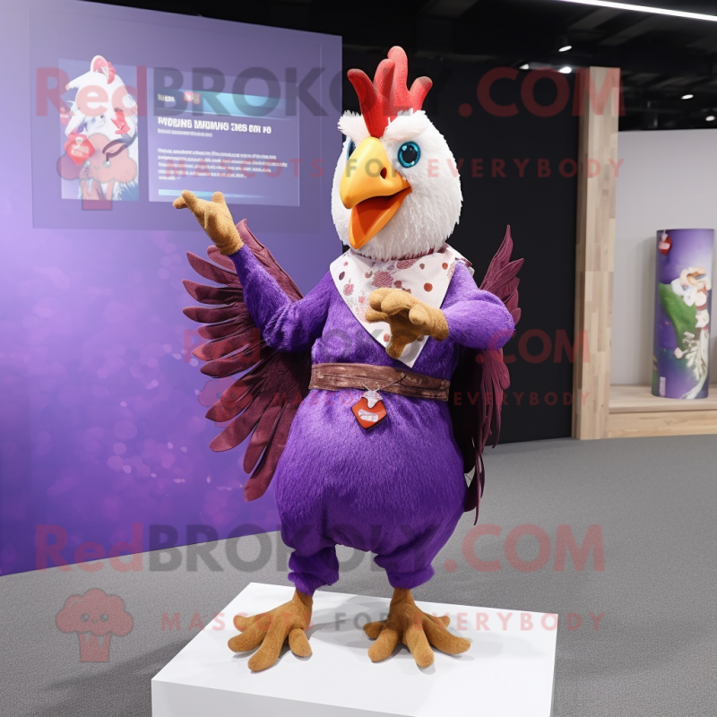 Purple Rooster mascot costume character dressed with a Dress and Shawl pins