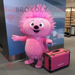 Pink Porcupine mascot costume character dressed with a Mini Skirt and Briefcases
