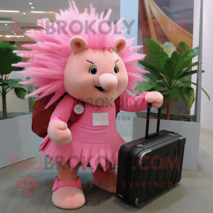 Pink Porcupine mascot costume character dressed with a Mini Skirt and Briefcases