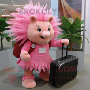 Pink Porcupine mascot costume character dressed with a Mini Skirt and Briefcases