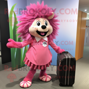 Pink Porcupine mascot costume character dressed with a Mini Skirt and Briefcases