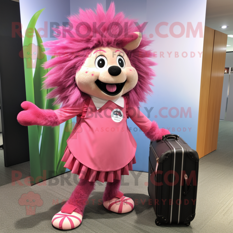 Pink Porcupine mascot costume character dressed with a Mini Skirt and Briefcases Pink Porcupine mascot costume character dressed with a Mini Skirt and Briefcases