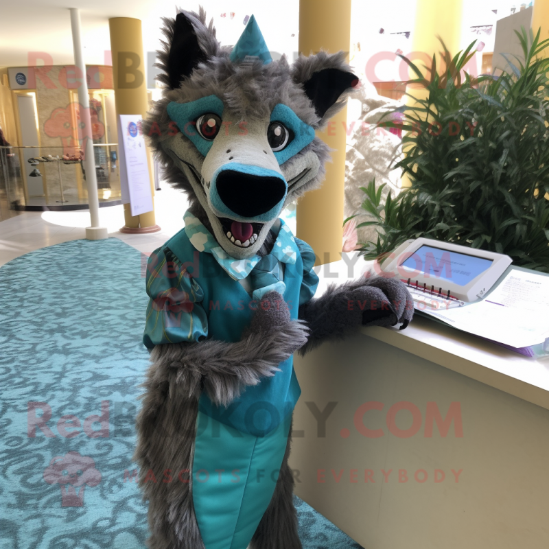 Teal Hyena mascot costume character dressed with a Pencil Skirt and Ties