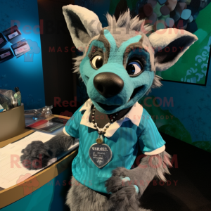 Teal Hyena mascot costume character dressed with a Pencil Skirt and Ties
