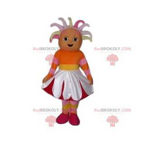 Mascote de menina com fantasia de flor - Redbrokoly.com