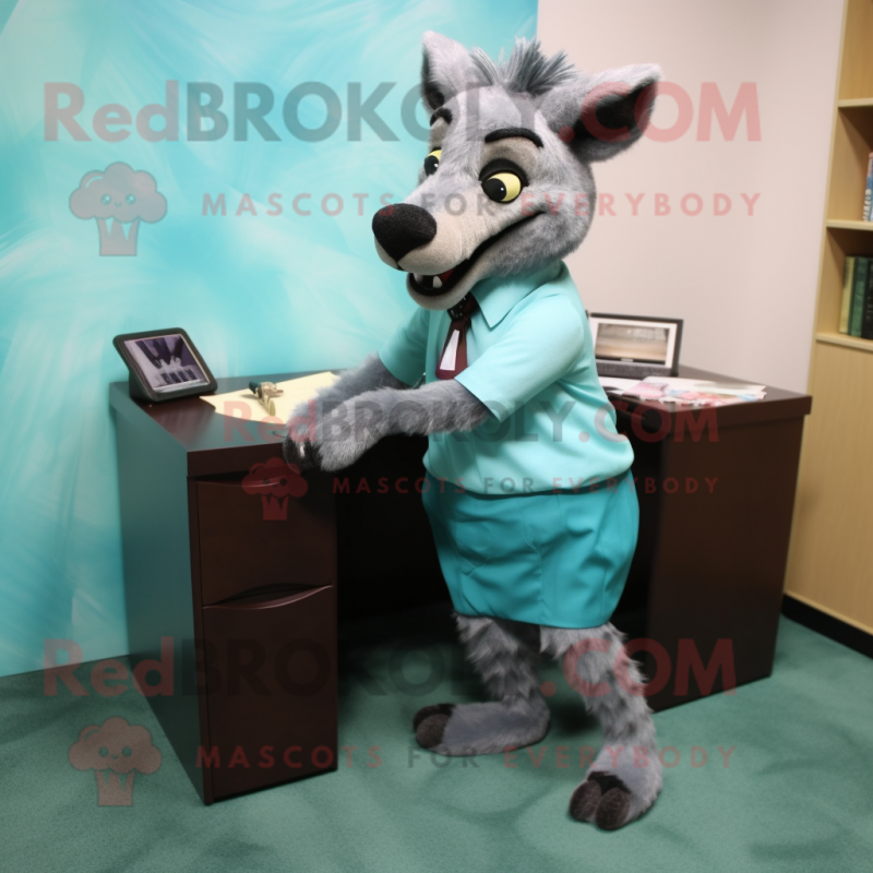 Teal Hyena mascot costume character dressed with a Pencil Skirt and Ties Teal Hyena mascot costume character dressed with a Pencil Skirt and Ties