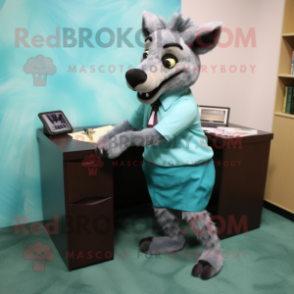 Teal Hyena mascot costume character dressed with a Pencil Skirt and Ties