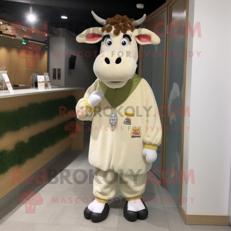 Cream Jersey Cow mascot costume character dressed with a Coat and Keychains