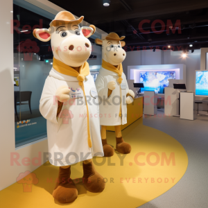 Cream Jersey Cow mascot costume character dressed with a Coat and Keychains