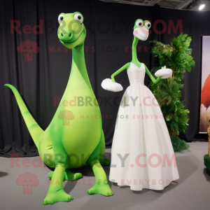 Lime Green Diplodocus mascot costume character dressed with a Wedding Dress and Suspenders