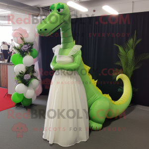 Lime Green Diplodocus mascot costume character dressed with a Wedding Dress and Suspenders