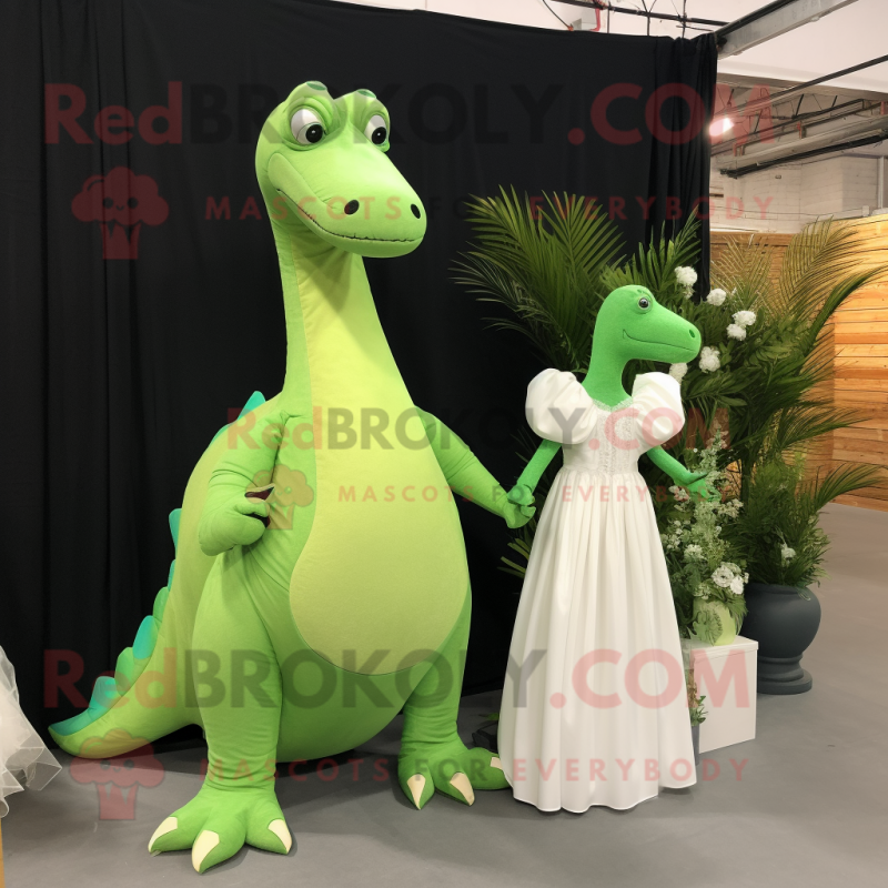 Lime Green Diplodocus mascot costume character dressed with a Wedding Dress and Suspenders