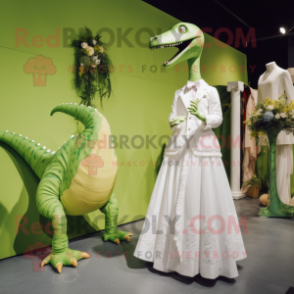 Lime Green Diplodocus mascot costume character dressed with a Wedding Dress and Suspenders