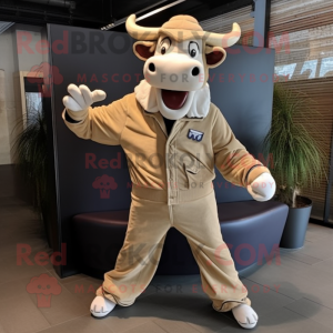 Beige Zebu mascot costume character dressed with a Jacket and Shoe laces
