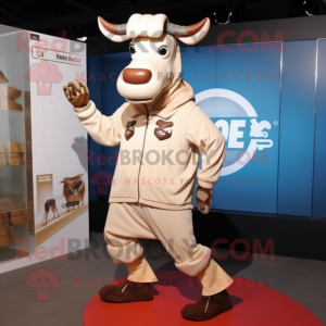 Beige Zebu mascot costume character dressed with a Jacket and Shoe laces