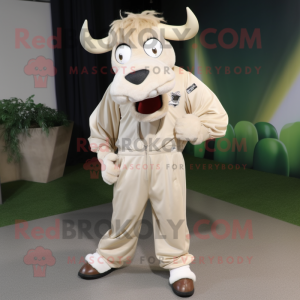Beige Zebu mascot costume character dressed with a Jacket and Shoe laces