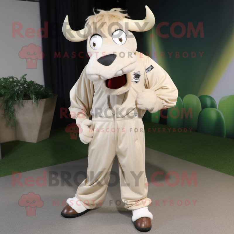 Beige Zebu mascot costume character dressed with a Jacket and Shoe laces Beige Zebu mascot costume character dressed with a Jacket and Shoe laces