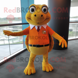 Orange Turtle mascot costume character dressed with a Pencil Skirt and Lapel pins