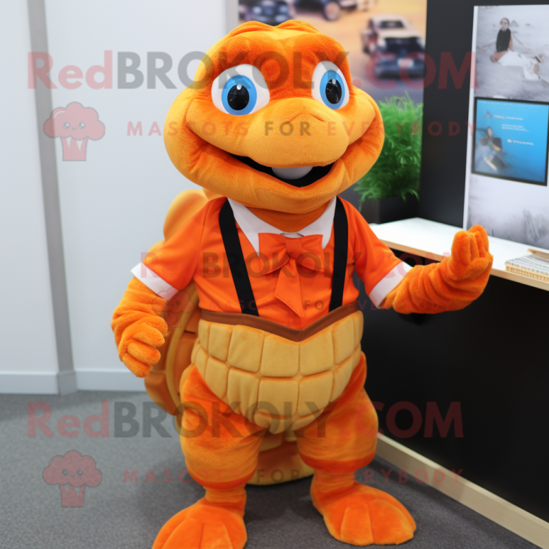 Orange Turtle mascot costume character dressed with a Pencil Skirt and Lapel pins