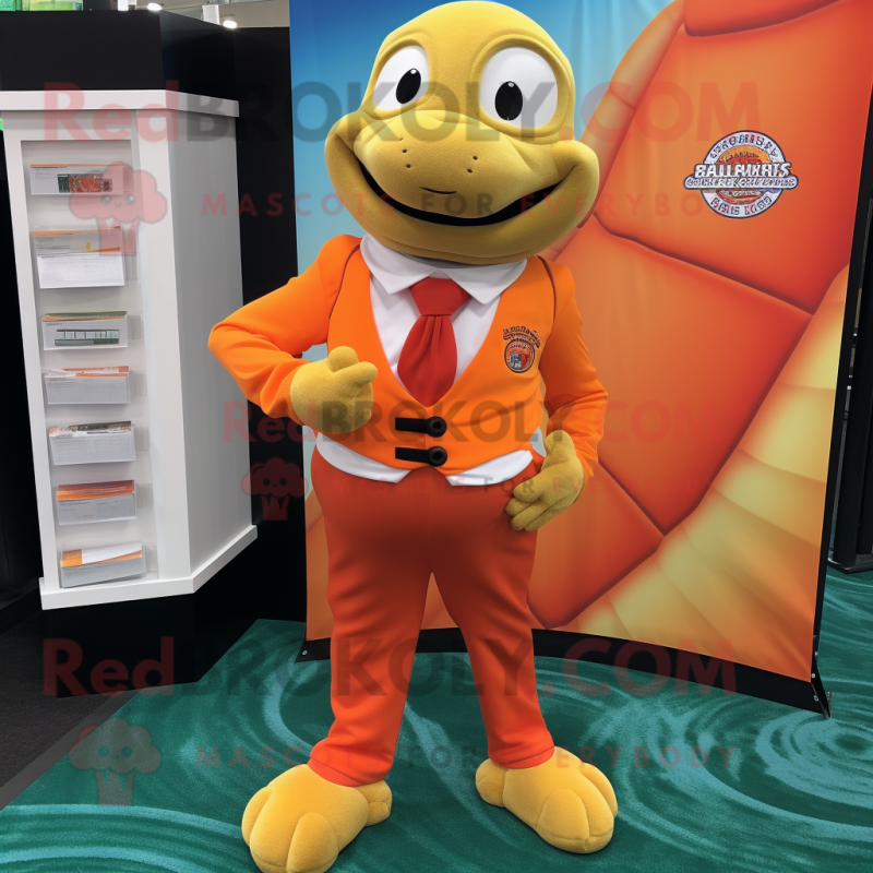 Orange Turtle mascot costume character dressed with a Pencil Skirt and Lapel pins