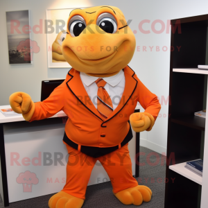 Orange Turtle mascot costume character dressed with a Pencil Skirt and Lapel pins