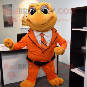 Orange Turtle mascot costume character dressed with a Pencil Skirt and Lapel pins