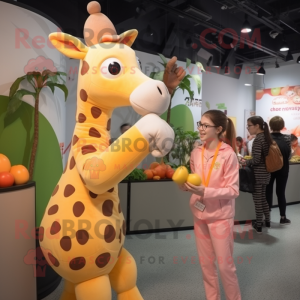 Peach Giraffe mascot costume character dressed with a Jumpsuit and Cummerbunds