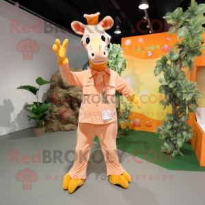 Peach Giraffe mascot costume character dressed with a Jumpsuit and Cummerbunds