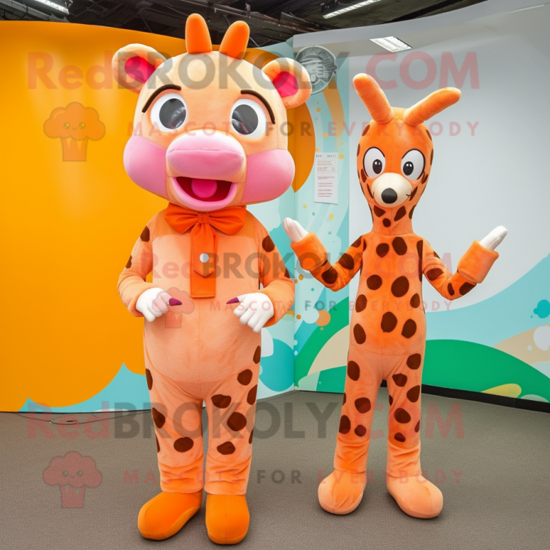 Peach Giraffe mascot costume character dressed with a Jumpsuit and Cummerbunds