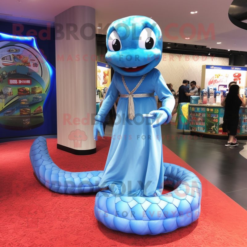 Sky Blue Anaconda mascot costume character dressed with a Wrap Skirt and Hairpins Sky Blue Anaconda mascot costume character dressed with a Wrap Skirt and Hairpins