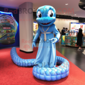 Sky Blue Anaconda mascot costume character dressed with a Wrap Skirt and Hairpins