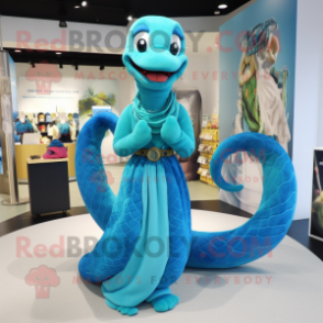 Sky Blue Anaconda mascot costume character dressed with a Wrap Skirt and Hairpins