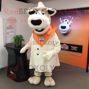 Peach Holstein Cow mascot costume character dressed with a Cover-up and Hat pins