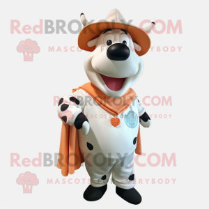 Peach Holstein Cow mascot costume character dressed with a Cover-up and Hat pins