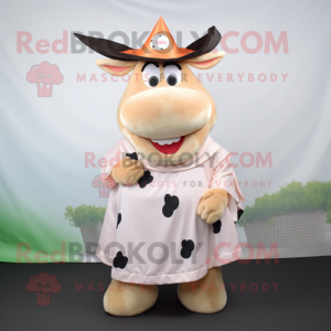 Peach Holstein Cow mascot costume character dressed with a Cover-up and Hat pins