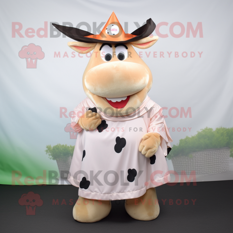 Peach Holstein Cow mascot costume character dressed with a Cover-up and Hat pins Peach Holstein Cow mascot costume character dressed with a Cover-up and Hat pins