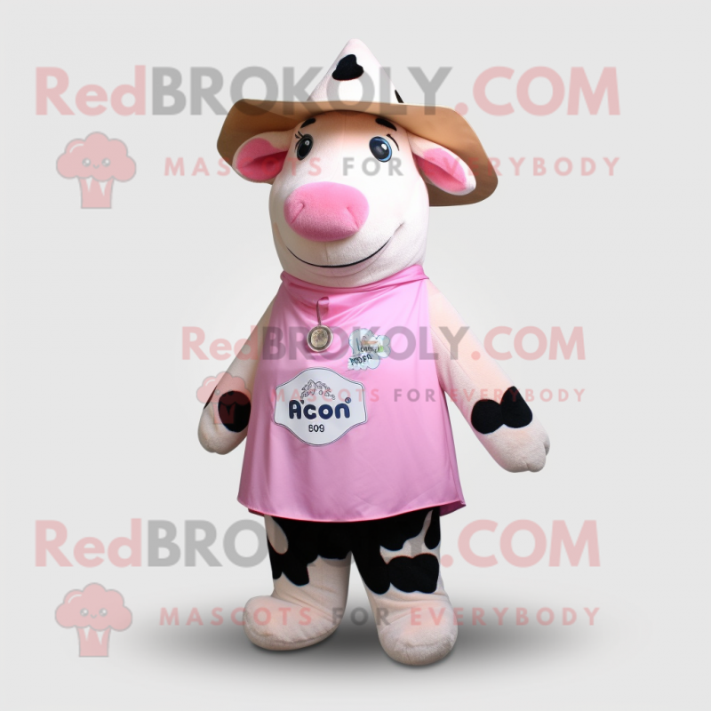 Peach Holstein Cow mascot costume character dressed with a Cover-up and Hat pins Peach Holstein Cow mascot costume character dressed with a Cover-up and Hat pins