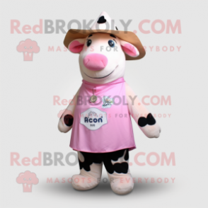 Peach Holstein Cow mascot costume character dressed with a Cover-up and Hat pins