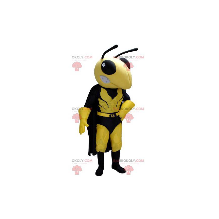 Mascote de vespa amarela e preta em roupa de super-herói -
