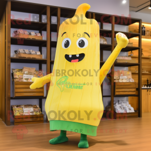 Gold Celery mascot costume character dressed with a T-Shirt and Tote bags